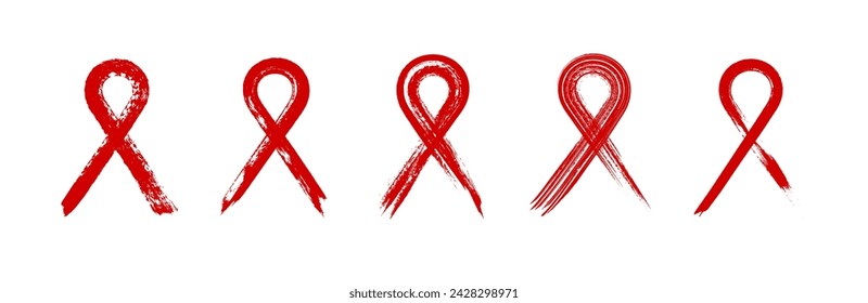 Set of red awareness ribbons. Brush strokes objects isolated on white background. Grunge painted design elements. Vector illustration.