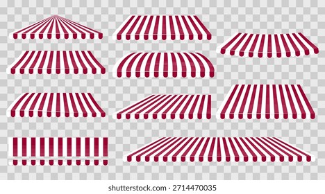 Conjunto de toldos rojos . Ilustración vectorial de techos de carpa a rayas para escaparates y fachadas de edificios. Ideal para exteriores de tiendas, cafés, puestos de mercado y conceptos de diseño minorista.