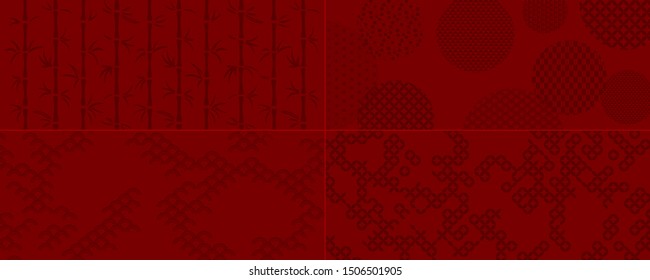 Set of red backgrounds in oriental style with bamboo, pattern textures. Vector illustration. Concept Chinese New Year, Mid Autumn holiday banner, print, packaging, wrapping paper. Flat style design.