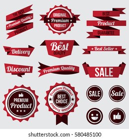 set of red badges , labels and ribbons. flat design concept. branding and sale decoration. vector illustration.