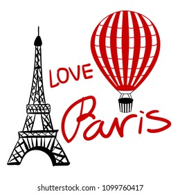 Set red Balloon and Paris Eiffel Tower isolated on white background Vector illustration