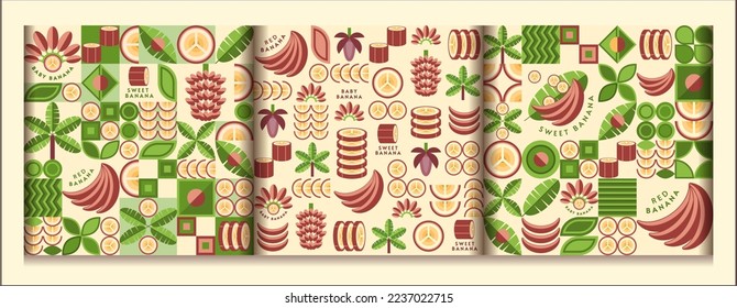 Set of red banana background with design elements in simple geometric style. Seamless pattern. Good for branding, decoration of food package, cover design, decorative print, background