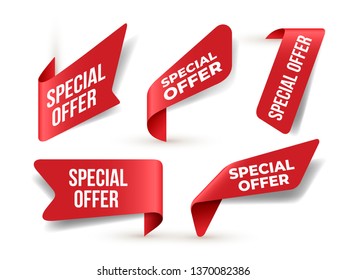 Set of red banner Special Offer. Flat design. Vector Illustration. Isolated on white background.