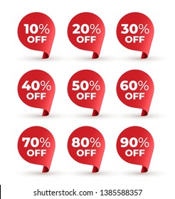 Set of red banner speech bubble. 10, 20, 30, 40, 50, 60, 70, 80,90 percent off. Vector illustration. Isolated on white background.
