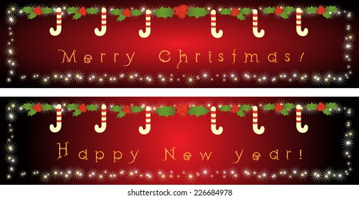 Set of red banners with candy canes, sparkles and Holly for Christmas and New year