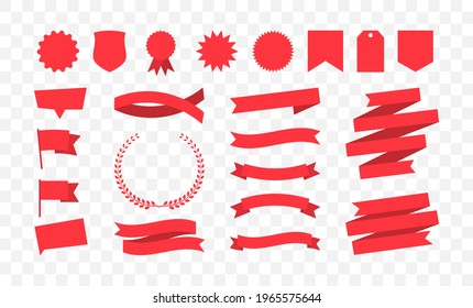 Set of red banners. Collection of different shapes, tags, ribbons, and symbols. Vector illustration