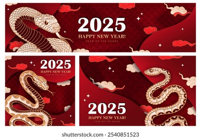 Set of red banners with hand drawn paper cut Oriental Snake as a traditional symbol of 2025 Lunar New year. Horizontal greeting cards with Asian decorations - clouds, stars, reptile scales. Paper art