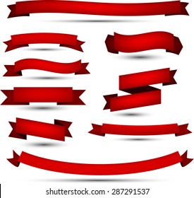 Banderas rojas y cintas. Ilustración vectorial. 