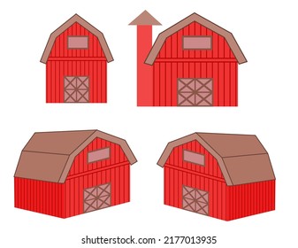 Set of red barn house and silo. on a white background.Granary or home.Wooden building.Farm or farmer concept.Cartoon vector illustration.Sign, symbol, icon or logo isolated.Flat design.