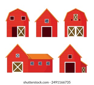 Set of red barns on a white background. Vector illustration.