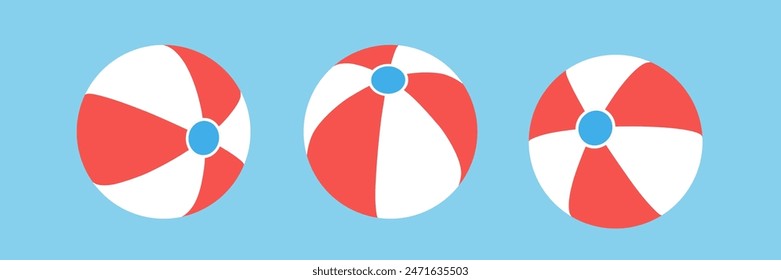 Set of red beach ball on isolated background. Inflatable ball for beach and water games. Vector illustration