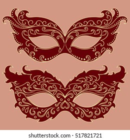 Set of red beautiful festive masks to celebrate Halloween, New Year, Carnival or party. Elements female holiday costume.