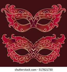 Set of red beautiful festive masks to celebrate Halloween, New Year, Carnival or party. Elements female holiday costume.