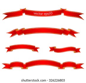 Set of red beautiful ribbon banners with gold stripes. Vector illustration