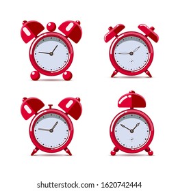 Set of red bedroom table alarm clock with shadow isolated on white background. Modern flat design style. Vector illustration. 