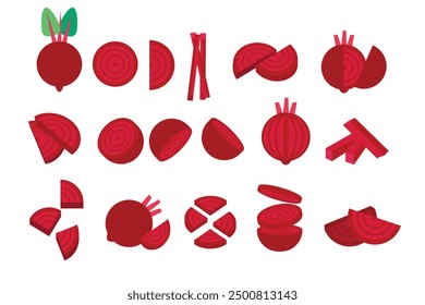 Set of Red Beet, Farm fresh Beet product emblem for grocery shop, Slides, long and cross sections, and different positions, simple flat vector illustration of vegetables and fruits.