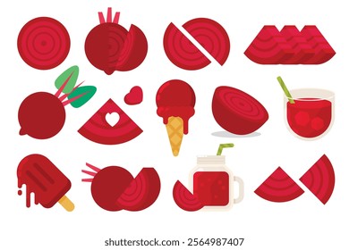 Set of red Beet, Farm fresh Beet product emblem for grocery shop, collection of ice cream, Juice jar, glass of juice, ice cream cone and stick, simple flat vector illustration of fruits.