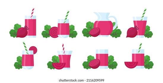 Set Of Red Beet Root Juice. Collection Of Fresh Smoothie With Whole Or Sliced Beetroot And Green Leaves. Healthy Vegetarian Drink. Flat Cartoon Illustration. Isolated Objects On White Background