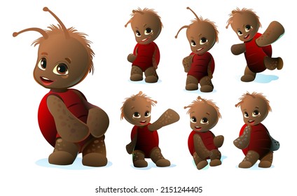Set of Red beetle fun. Cute cartoon character. Funny insect object. Isolated on white background. Vector.