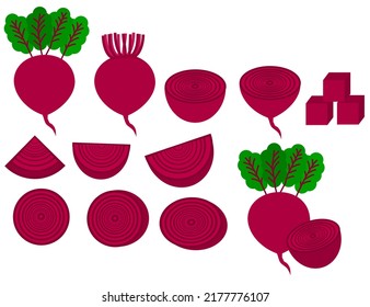 Conjunto de remolacha roja.Entero, rodajas y medio cortado.Fruta o verdura.remolacha con hojas.Signo, símbolo, icono o logotipo aislado.Diseño plano.Clipart.Fresco y jugoso.Ilustración vectorial de dibujos animados.Gráfico.