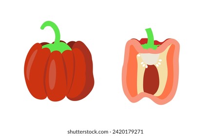 Set of red bell pepper whole and half cut. Isolated on white background. Flat cartoon style drawing.