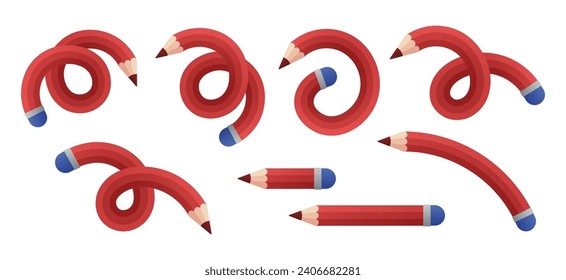 Set of red bended pencils. Vector.