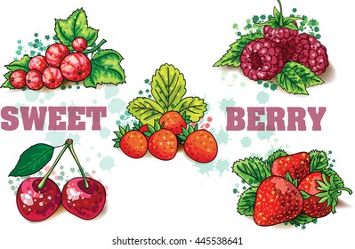 Set of red berries. Hand draw sketches.