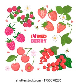 Set of red berries with leaves and flowers: strawberry, raspberry, cherry, red currant, cranberry. Vector flat illustration isolated on a white background.