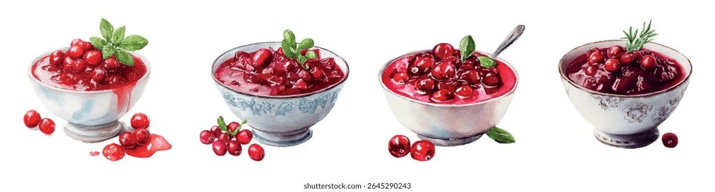 Set of red berry sauce in png images. Watercolor sauce pots with berry sauce, jam, etc. Concept of sweet  for meat, dressings and desserts. Cranberry sauce for turkey. Vector illustration.
