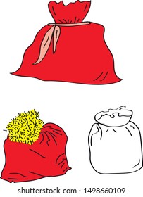 Set of red big Santa Christmas sack full of gifts, doodle style. Vector illustration.