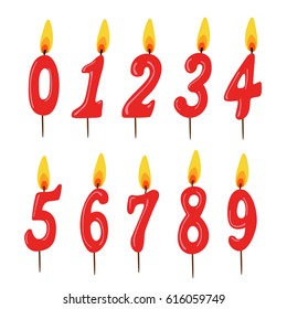 Set of red birthday candles. Numbers. Vector illustration. 
