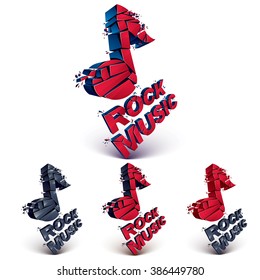 Set of red and black 3d vector musical notes created from refractions isolated on white. Three-dimensional transform music theme design elements collection. Rock music theme 