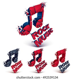 Set of red and black 3d vector musical notes created from refractions isolated on white. Three-dimensional transform music theme design elements collection. Rock music theme 