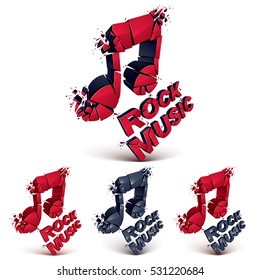 Set of red and black 3d vector musical notes created from refractions isolated on white. Three-dimensional transform music theme design elements collection. Rock music theme 