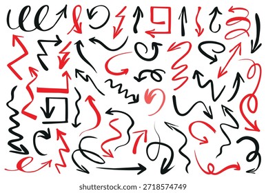 Set of red and black arrows. Isolated contour elements useful for education and presentations. Can be used individually or in groups and scaled freely. 