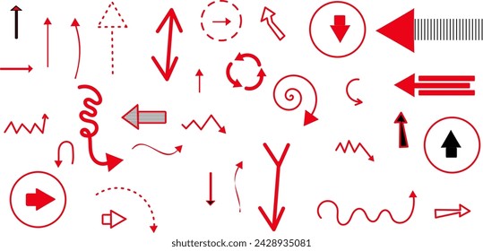 Set of red and black arrows of various shapes: straight, curved, angular, and spiral. Each type has a different shape and direction, and can be used to indicate different kind of movement or direction