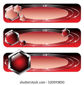 Set of red and black banners with silver elements, with space for your text. Vector illustration, on transparent background.