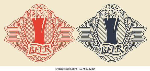 Set of red and black beer labels with overflowing glass of frothy beer, ears of wheat in ornate frames in retro style on a light background. Vector sticker, emblem, badge or tag for brewery, pub, bar