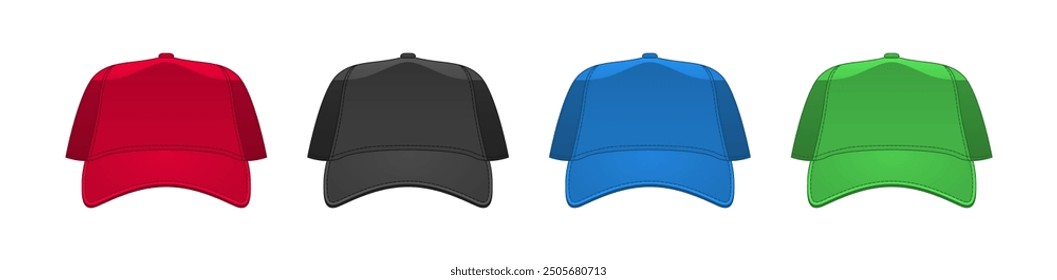 Set of red, black, blue and green baseball caps.