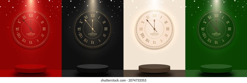 Set of red, black, brown, green Christmas and New year scene background.Stage podium decorated with times clock, light, star.Pedestal for product display, advertising, show.Premium.Vector illustration