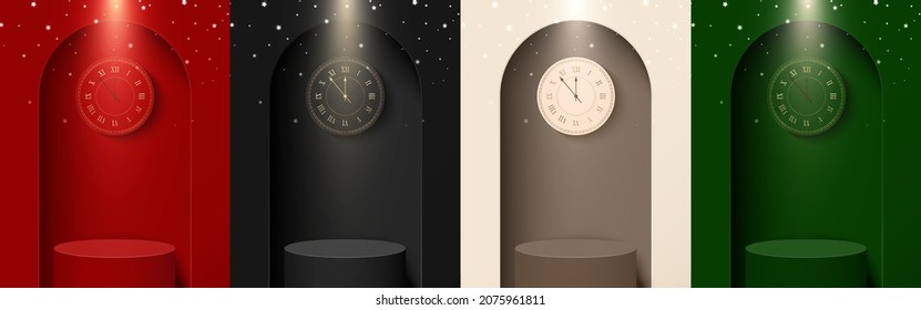 Set of red, black, brown, green Christmas and New year scene background.Stage podium decorated with arch, times clock, light, star.Pedestal for product display, show.Premium style.Vector illustration.