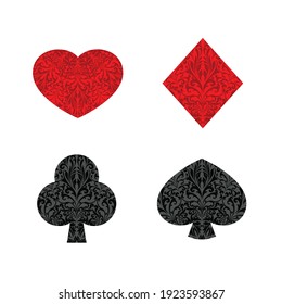 Set of red and black cards suit isolated on white background