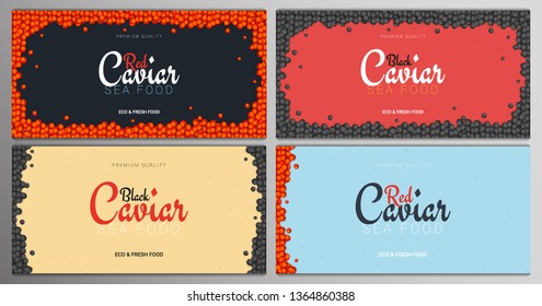 Set of Red and Black Caviar banners. Delicious seafood backgrounds. Caviar vector illustration. Natural and healthy luxury food. Design for fish menu. Vector Illustration