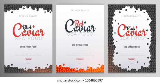 Set of Red and Black Caviar banners. Delicious seafood backgrounds. Caviar vector illustration. Natural and healthy luxury food. Design for fish menu. Vector Illustration