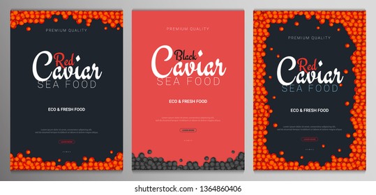 Set of Red and Black Caviar banners. Delicious seafood backgrounds. Caviar vector illustration. Natural and healthy luxury food. Design for fish menu. Vector Illustration