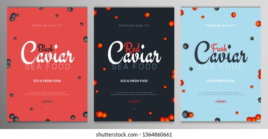 Set of Red and Black Caviar banners. Delicious seafood backgrounds. Caviar vector illustration. Natural and healthy luxury food. Design for fish menu. Vector Illustration