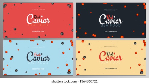 Set of Red and Black Caviar banners. Delicious seafood backgrounds. Caviar vector illustration. Natural and healthy luxury food. Design for fish menu. Vector Illustration