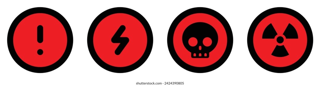 set rojo negro círculo iconos radioactivo nuclear señal de alerta eléctrica voltaje advertencia símbolo de peligro de advertencia de peligro peligro peligro de tráfico vector diseño plano para sitio web móvil aislado blanco Fondo