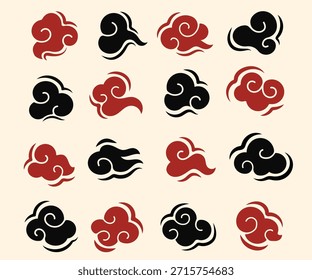 Set of red and black clouds in vintage style. Abstract art ancient background.