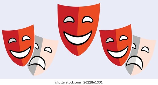 Conjunto de comédia e máscaras de tragédia vermelhas e negras simbolizando drama e performance. Ideal para teatro, atuação, cultura ou expressão emocional visuais
